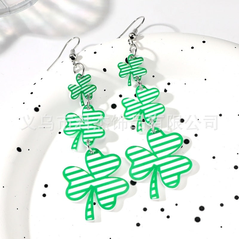 Wholesale St. Patrick's Day Carnival Personalized Green Acrylic Glitter Clover Earrings