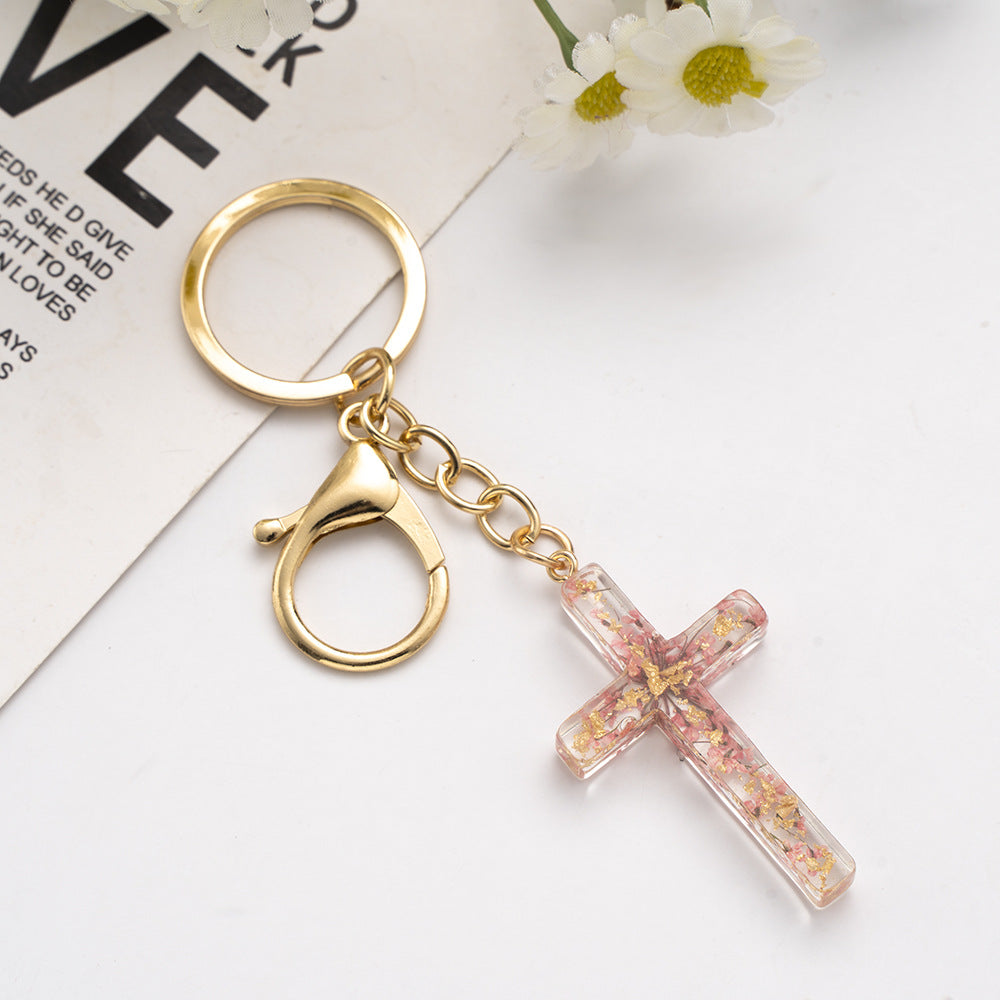 Wholesale Handmade Glue Real Flowers Creative Cross Keychain
