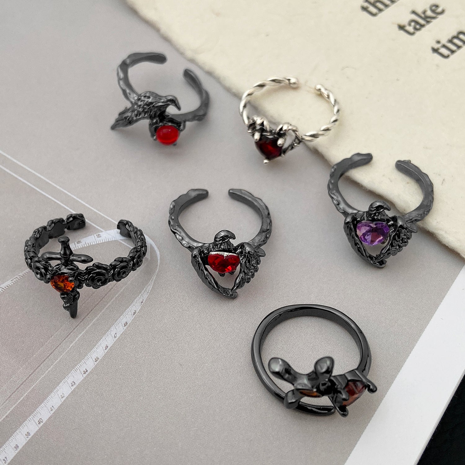 Wholesale Punk dark personality red diamond open stacking ring for men