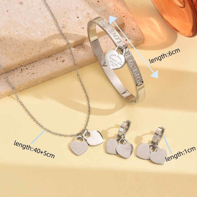 Wholesale Steel colored double heart stainless steel necklace  bracelet  and earrings