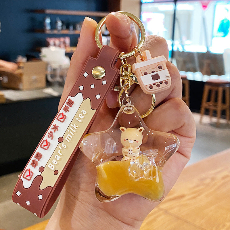 Wholesale Milk tea bear quicksand keychain exquisite cute schoolbag pendant