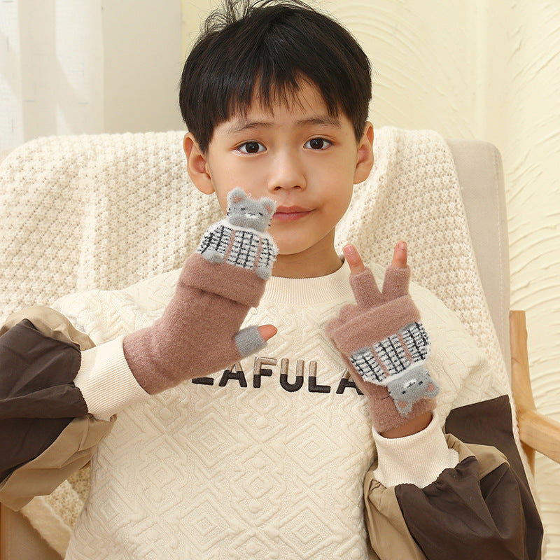 Wholesale Winter Thickened Children's Cartoon Panda Half Finger Flip Gloves