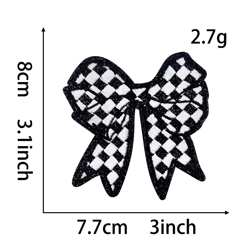 Wholesale Polyester Embroidered Patch Bow Lightning Checkerboard Design With Sequined Edge For ets DIY Clothing Decor