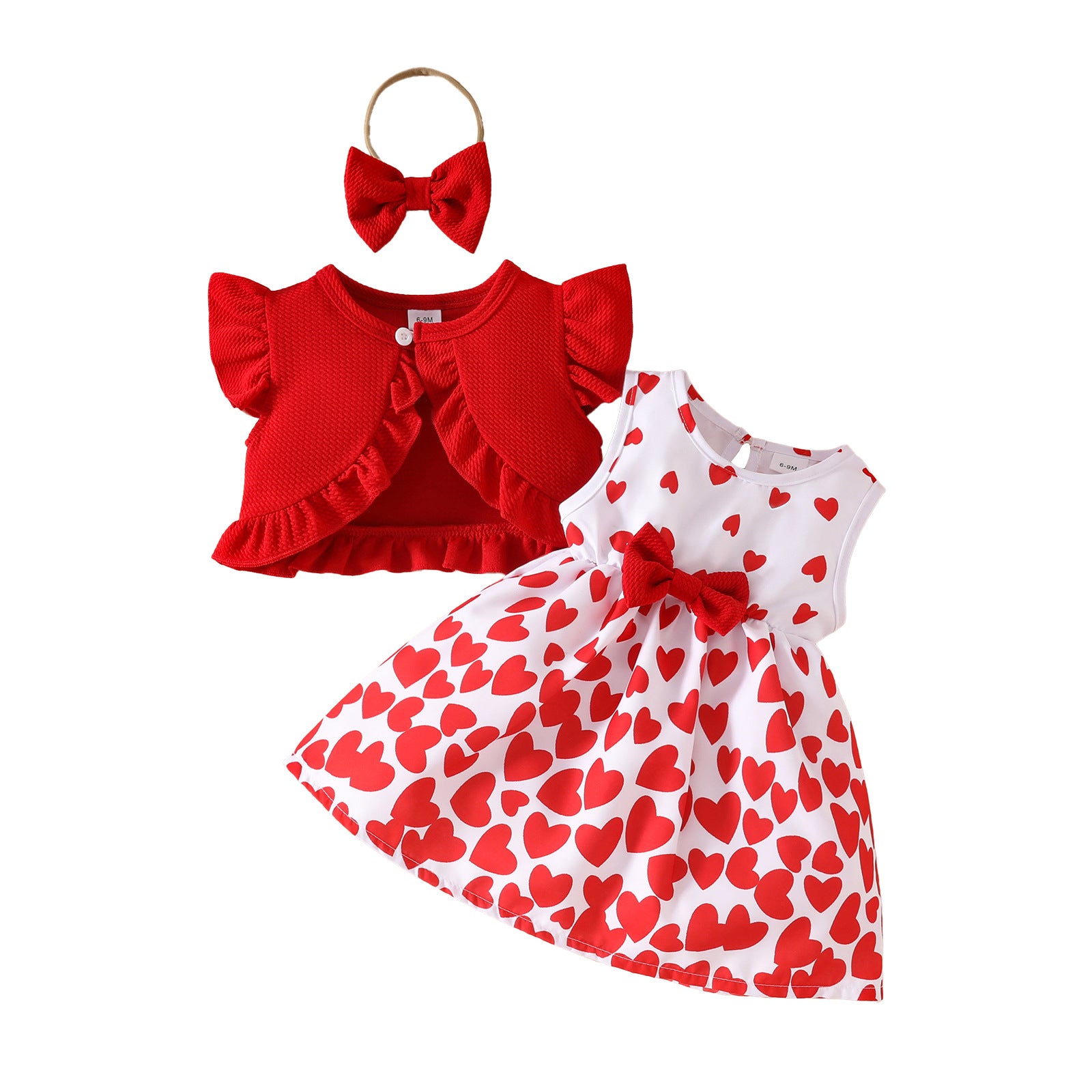 Wholesale Baby Girl Sleeveless Ruffle Short Jacket Sleeveless Heart Dress Hairband Set