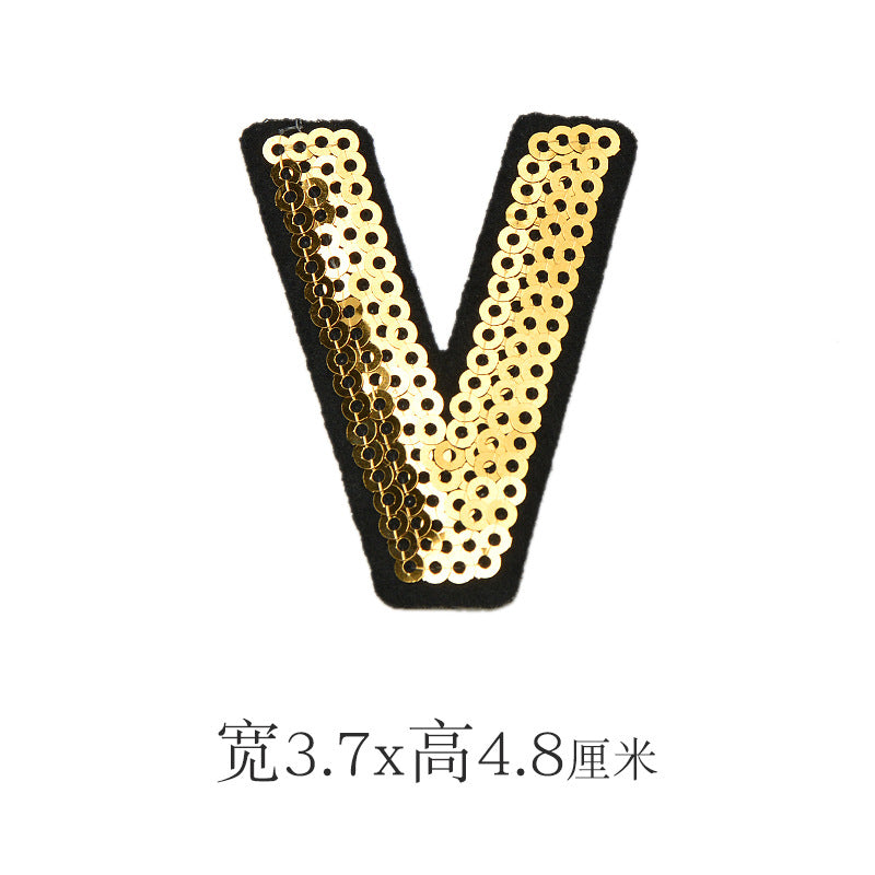 Wholesale Polyester Gold Sequin Alphabet Embroidered Patches For Coats Fashion Clothing Decorative Applique DIY Craft Supply