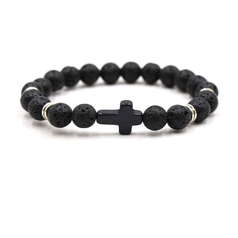 Wholesale Fashion Natural Stone Black Cross Elastic Bracelet Unisex Jewelry Accessory Gift