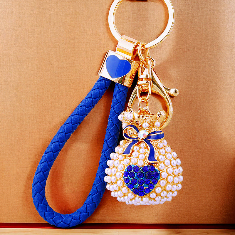 Wholesale Metal Pearl Heart Lucky Bag Keychain Cute Car Key Accessory Bag Charm For Women Gift