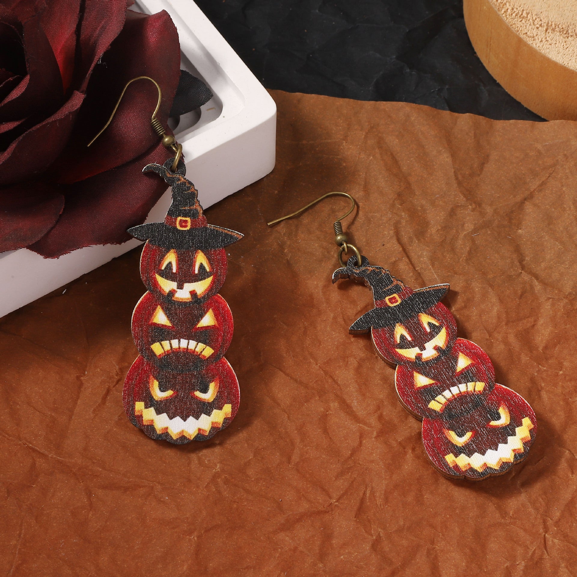 Wholesale Vintage Halloween Wooden Printed Skull Earrings