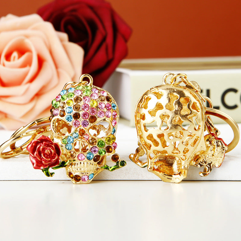 Wholesale Diamond Inlaid Rose Skull Metal Keychains