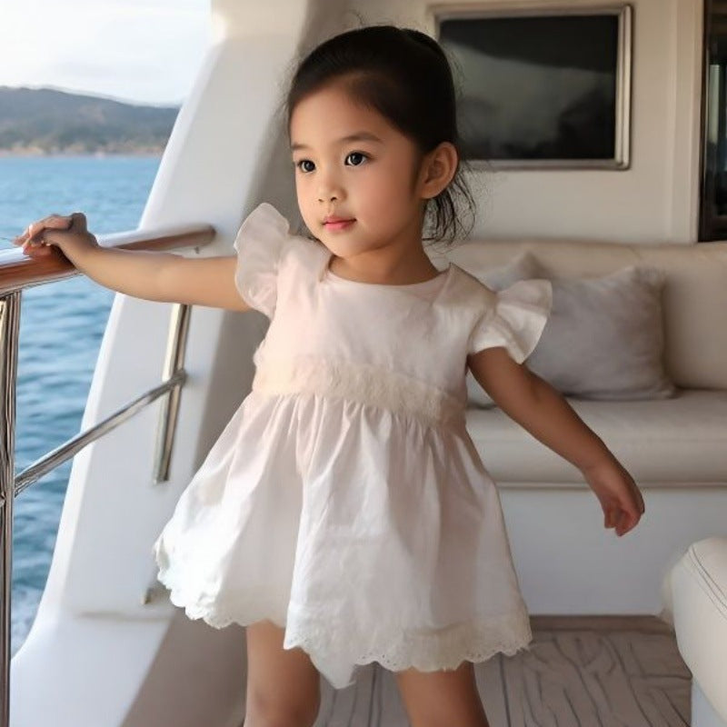 Wholesale Trendy Baby Girl Summer Dress Princess Lace Square Collar Cotton Toddler Party Wear Boutique Clothing