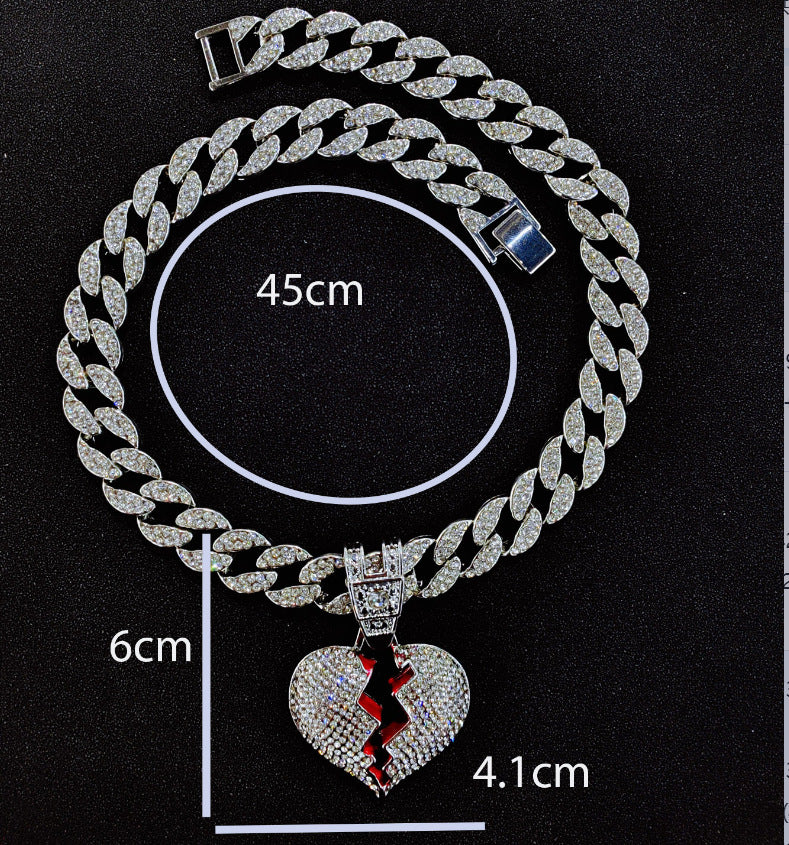 Wholesale Full Diamond Broken Heart Pendant Hip Hop Alloy Necklace