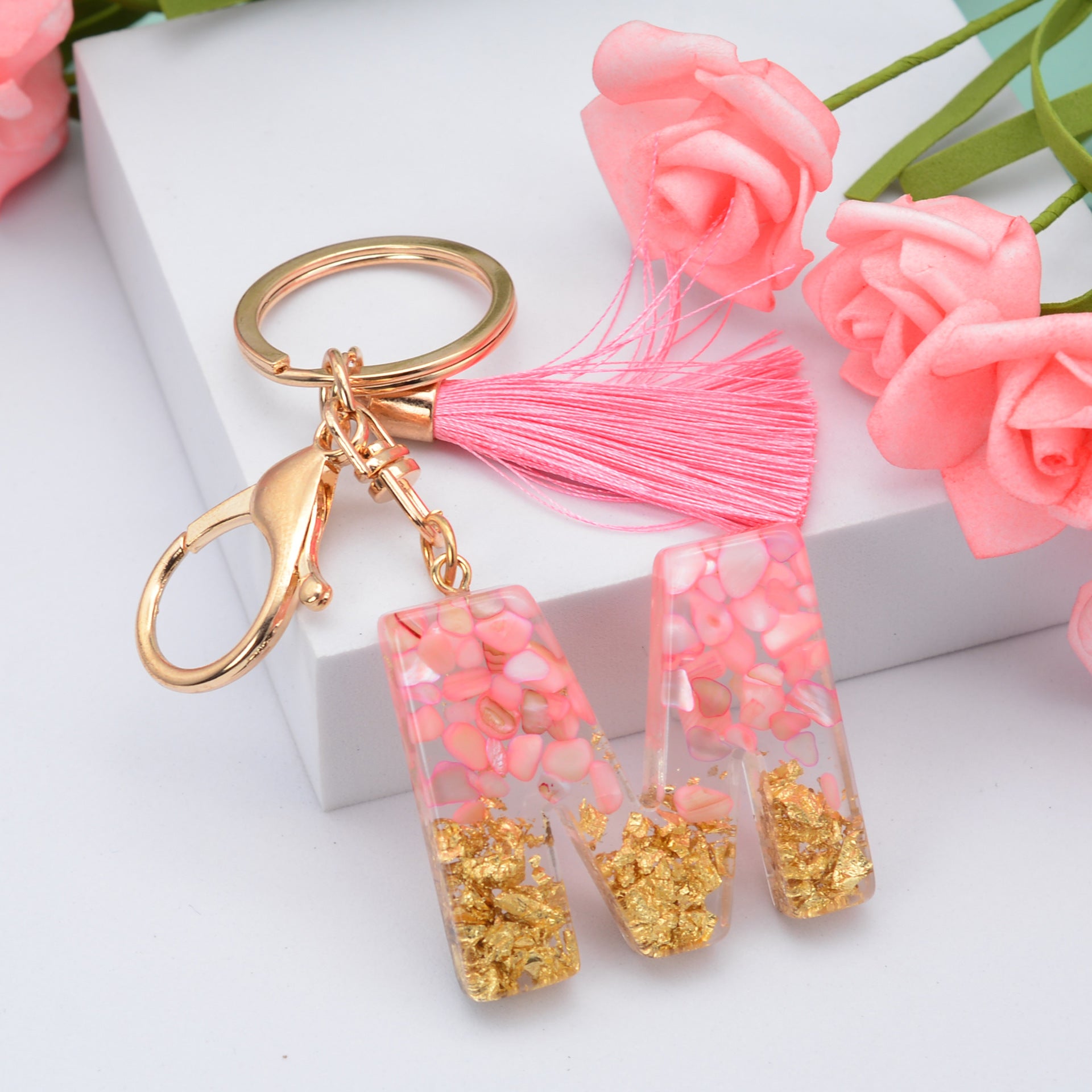 Wholesale Pink Tassel 26 Letter Crystal Resin Keychain