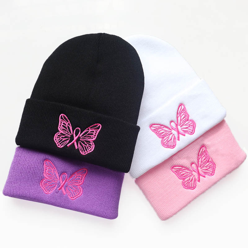 Wholesale Autumn and Winter Trend Pink Cute Butterfly Embroidery Warm Pullover Student Beanie