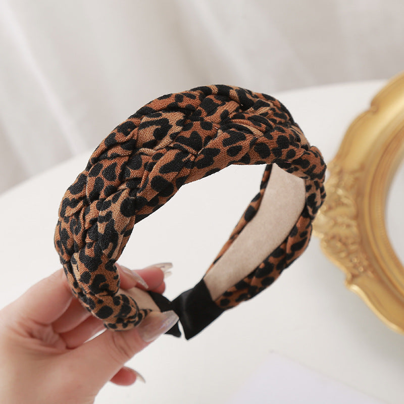 Wholesale Leopard Print Twist Fabric Braided Wide-brimmed Headband