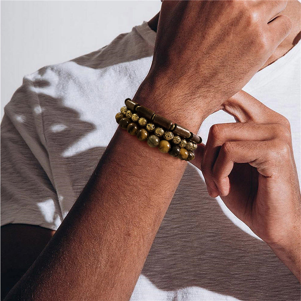 Cuentas de piedra natural al por mayor chapadas de madera de piedra volcánica con brazalete de ágata