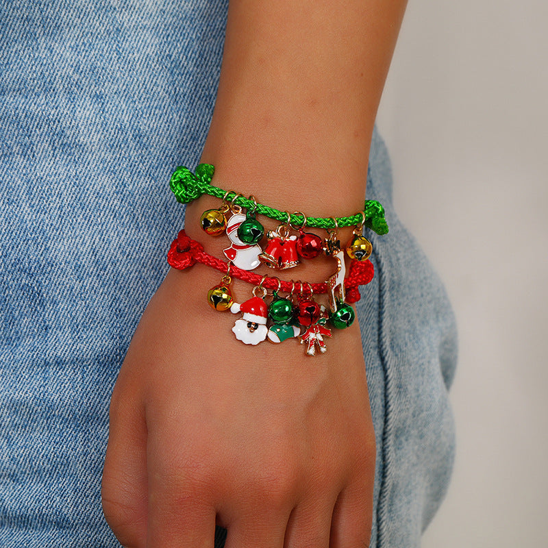 Wholesale Christmas Colorful Drawstring Santa Snowman Bell Pendant Bracelet