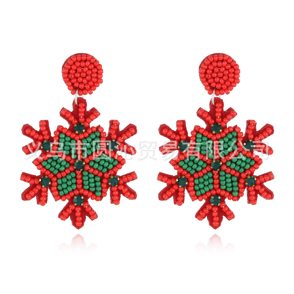 Wholesale Christmas Fabric Felt Christmas Tree Elk Snowman Handmade Rice Bead Earrings