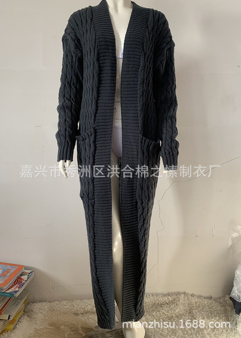 Wholesale Long Knitted Sweater Jacket Cardigan Pocket Long Sweater Thickened Jacket