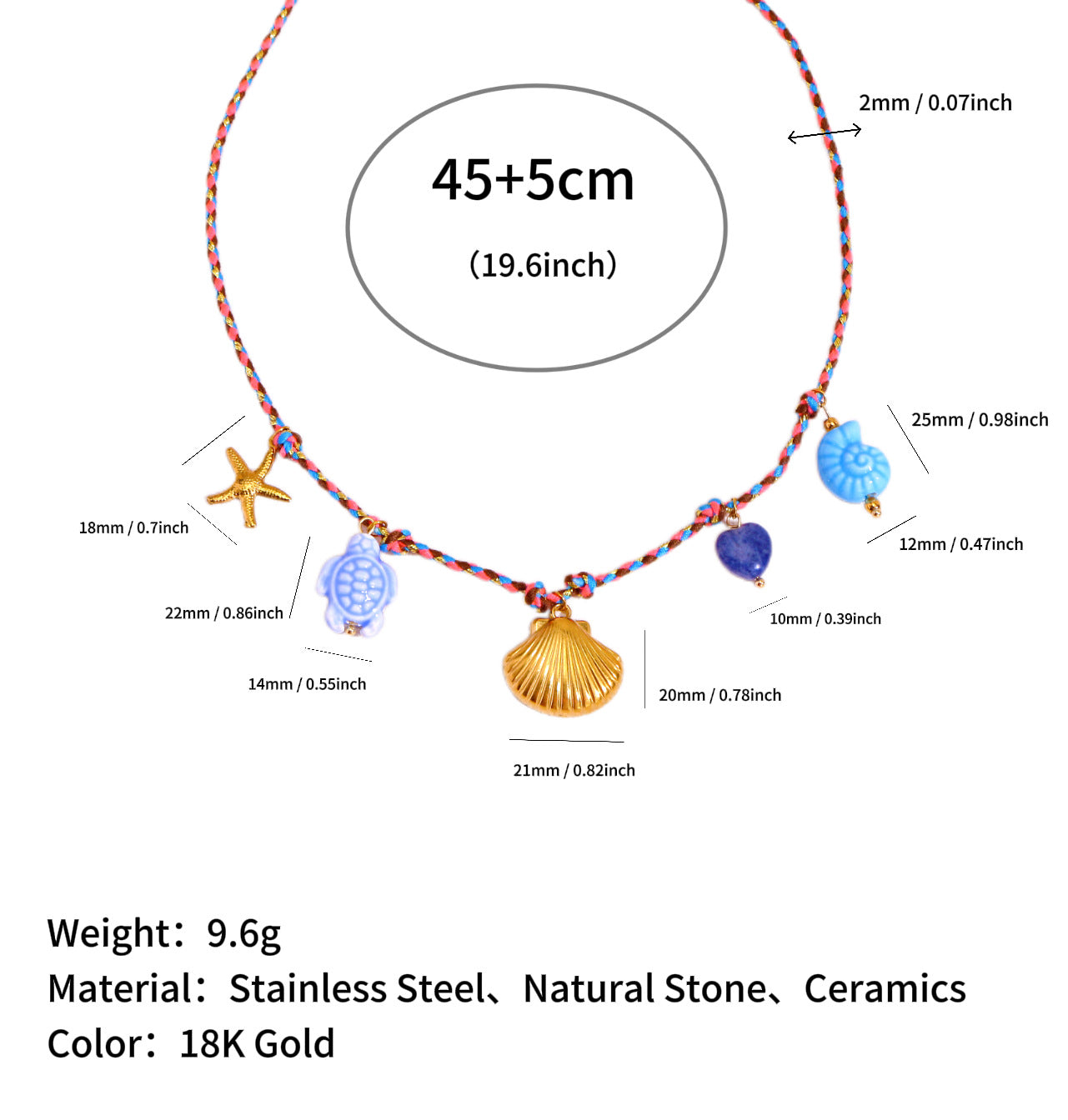 Wholesale Ocean Series Natural Stone Pendant Colorful Braided Necklace Titanium Steel Pendant