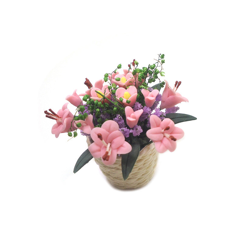 Wholesale 1:12 doll house accessories dollhouse mini clay flower plant potted white woven pot lily flower arrangement model