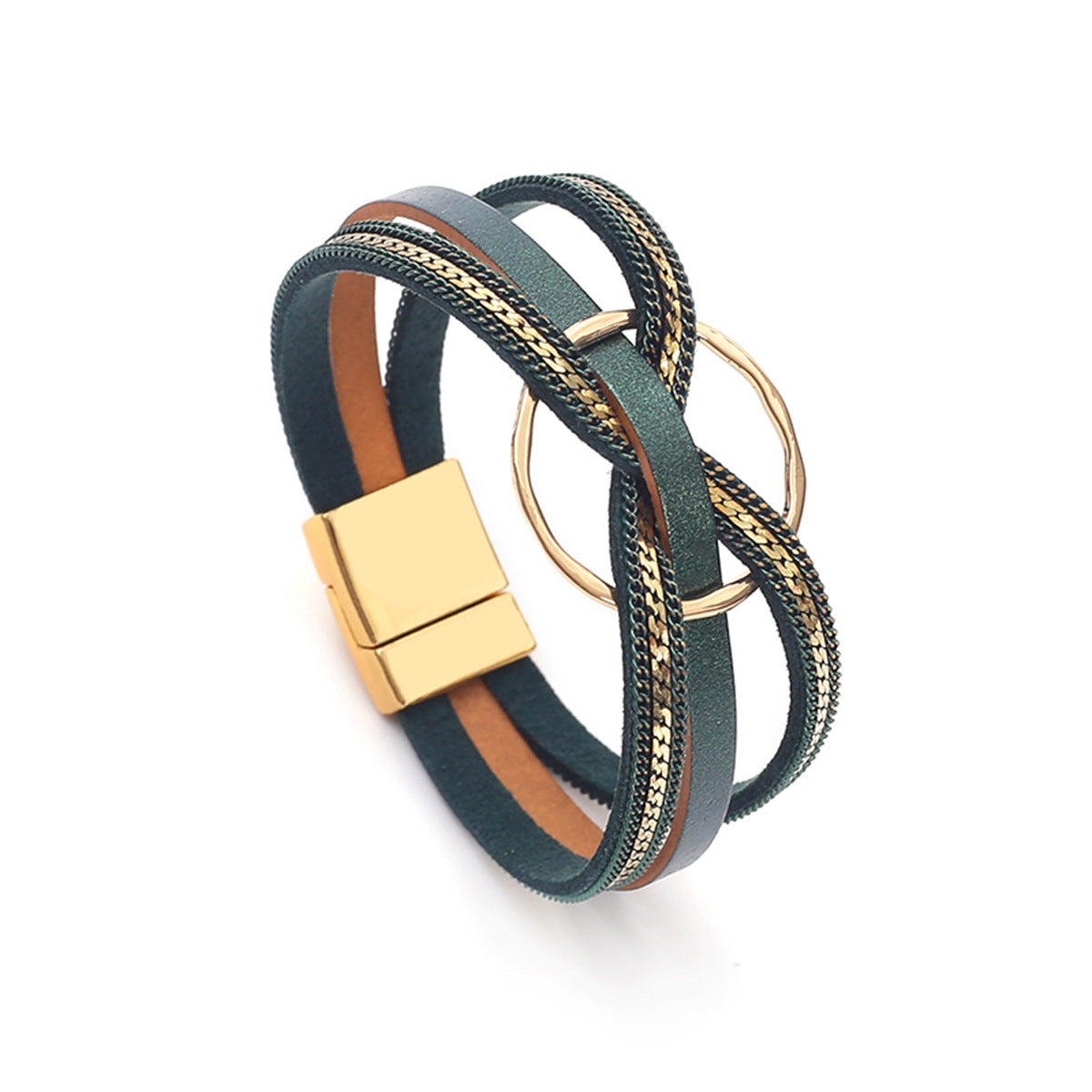 Wholesale Metal ring cross leather women' s bracelet