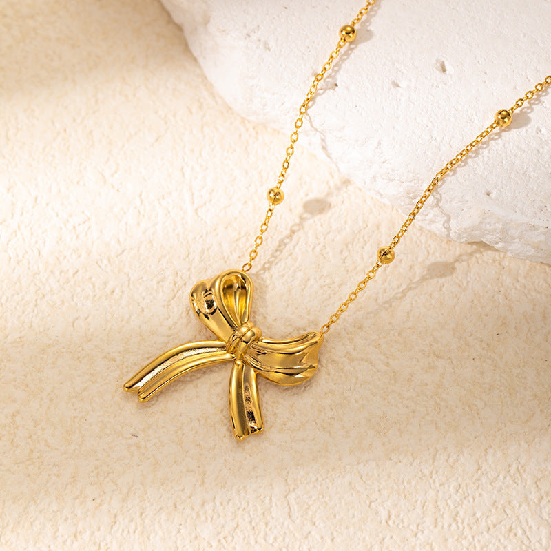 Wholesale titanium steel necklace gold luxury creative bow necklace