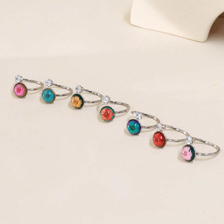 Wholesale 12pcs Zircon Everlasting Flower Stainless Steel Open Ring