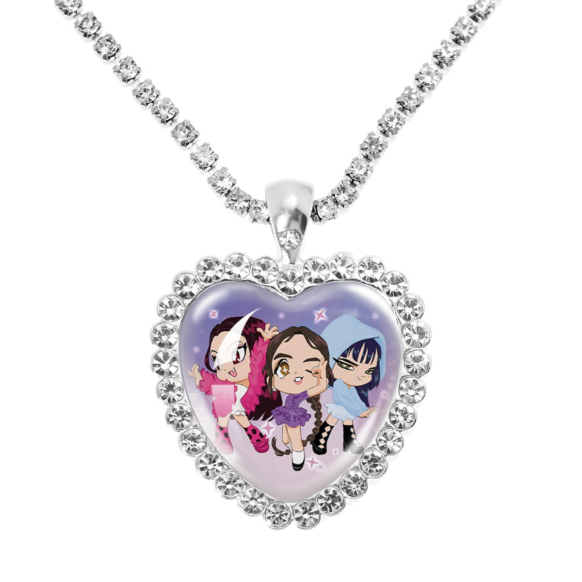 Wholesale Purple Cartoon Girl Time Gem Peach Heart Water Diamond Necklace OLY Exclusive