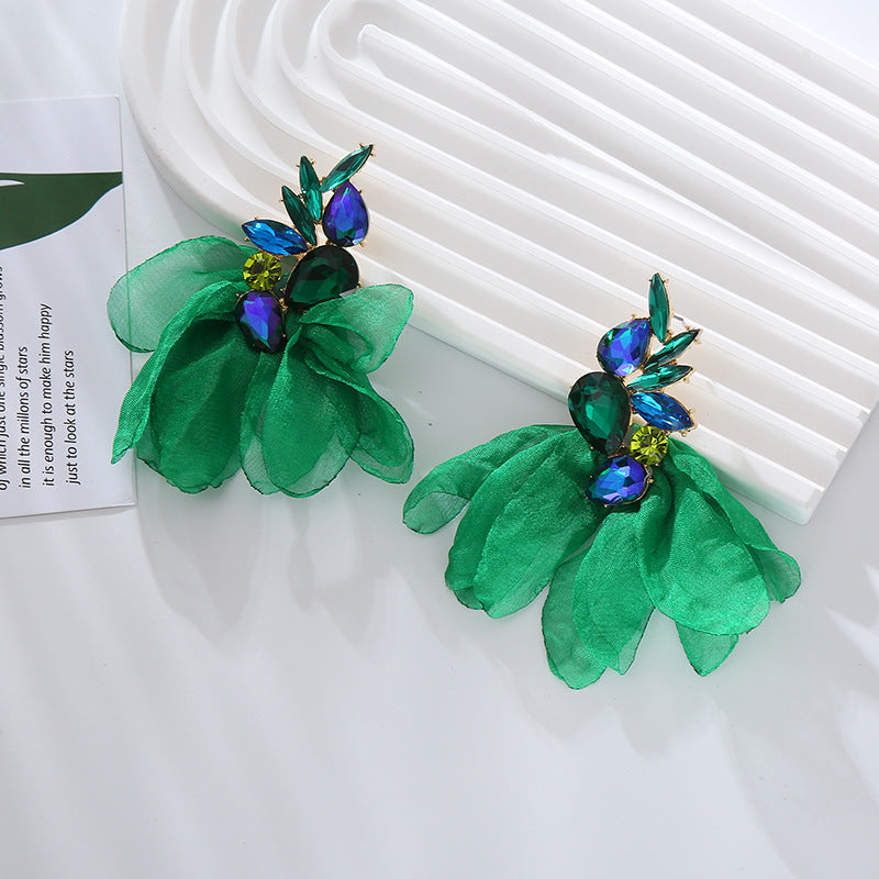 Wholesale Mesh Flower Alloy Diamond Long Tassel Earrings