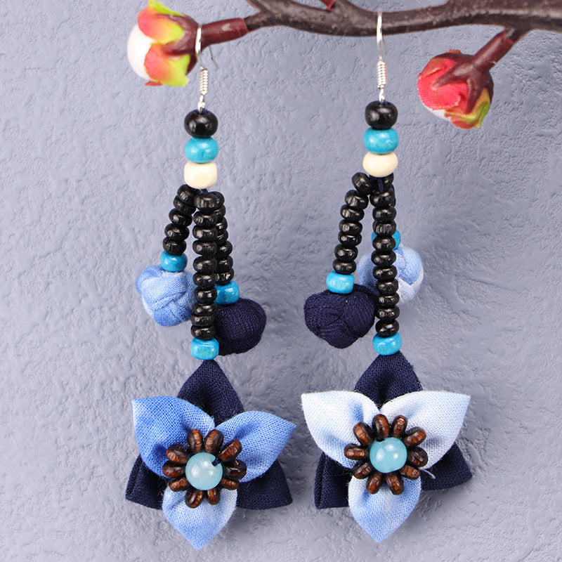 Wholesale Tie-dye blue dye earrings earrings ethnic style buckle flower blue earrings tie-dye earrings