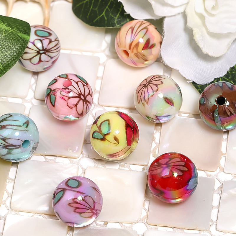 Wholesale 100pcs 16mm Color Plated Printed Round Beads Flower Acrylic Diy Beads