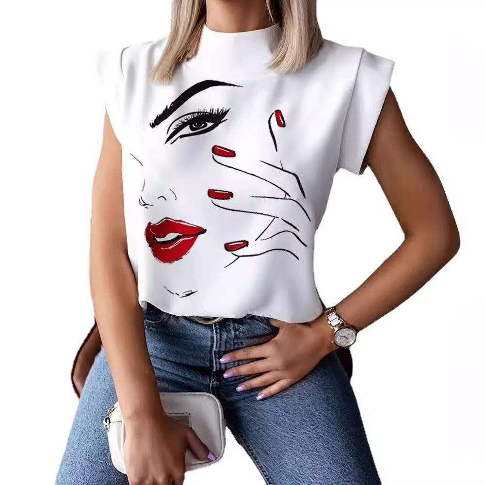 Wholesale Popular Summer Simple Stand-up Collar Lip Print Women's Shirt