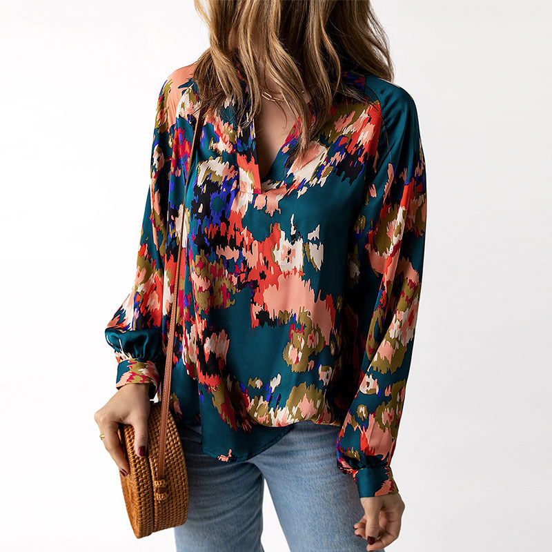 Wholesale Personalized Women's Satin Fabric Graffiti Printed Fluffy Sleeve Shirts