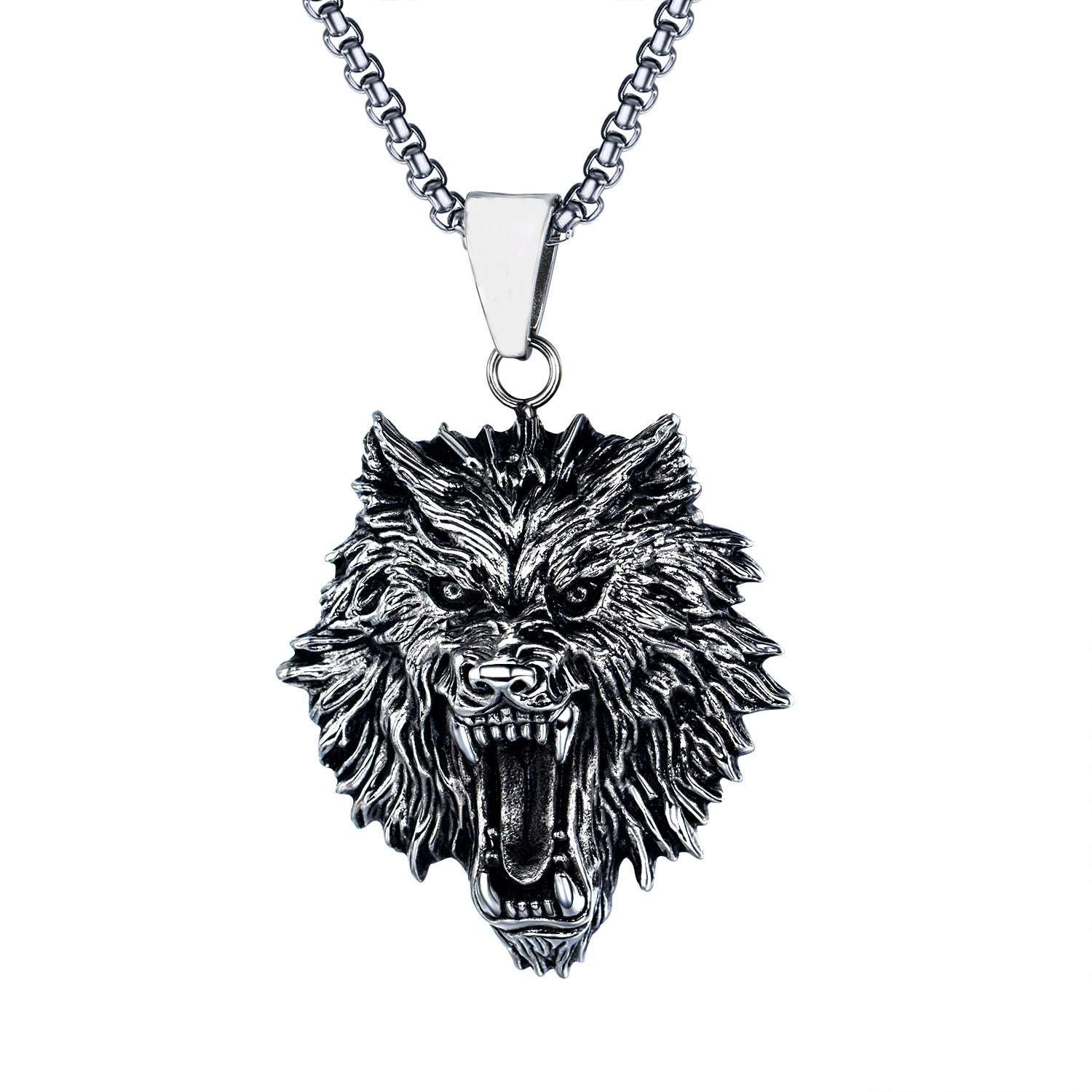 Wholesale Retro punk titanium steel wolf head men's necklace