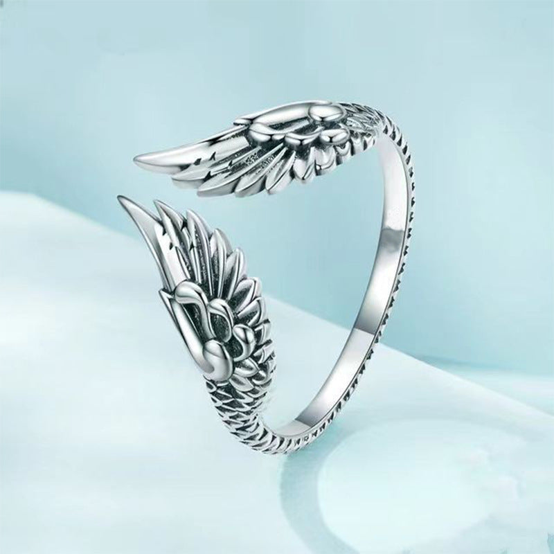 Wholesale Retro Angel Wings Finger Ring Feather Opening Adjustable Angel Wings Finger Ring Unisex Personalized Ring