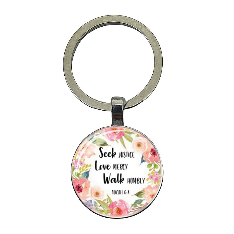 卸売レターフラワーパターンジェムストーンメタルキーホルダー