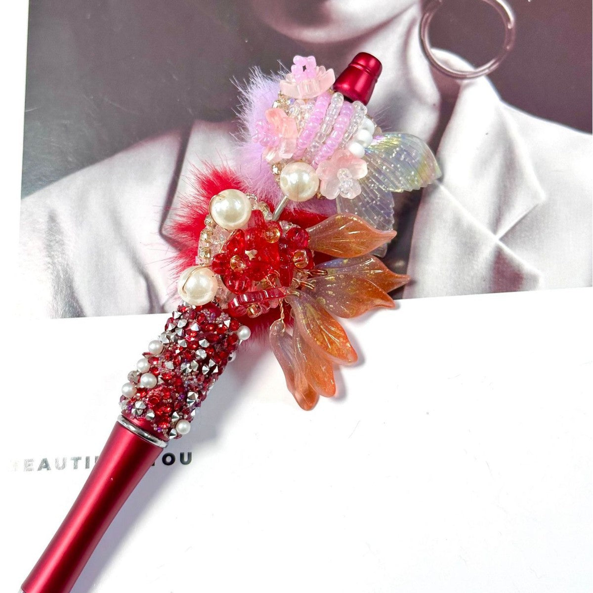 Wholesale beaded pens Hand-woven ancient-style beaded flower pen red koi