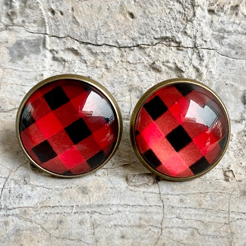 Wholesale 3 Pairs/pack Christmas Plaid Leopard Print Cow Pattern Glass Stud Earrings
