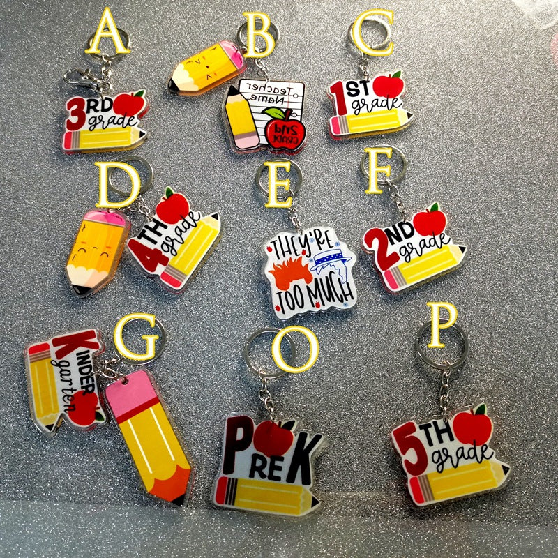 Wholesale Acrylic Teacher's Day Backpacks, Pencils, Smiling Faces, Keychain Pendants