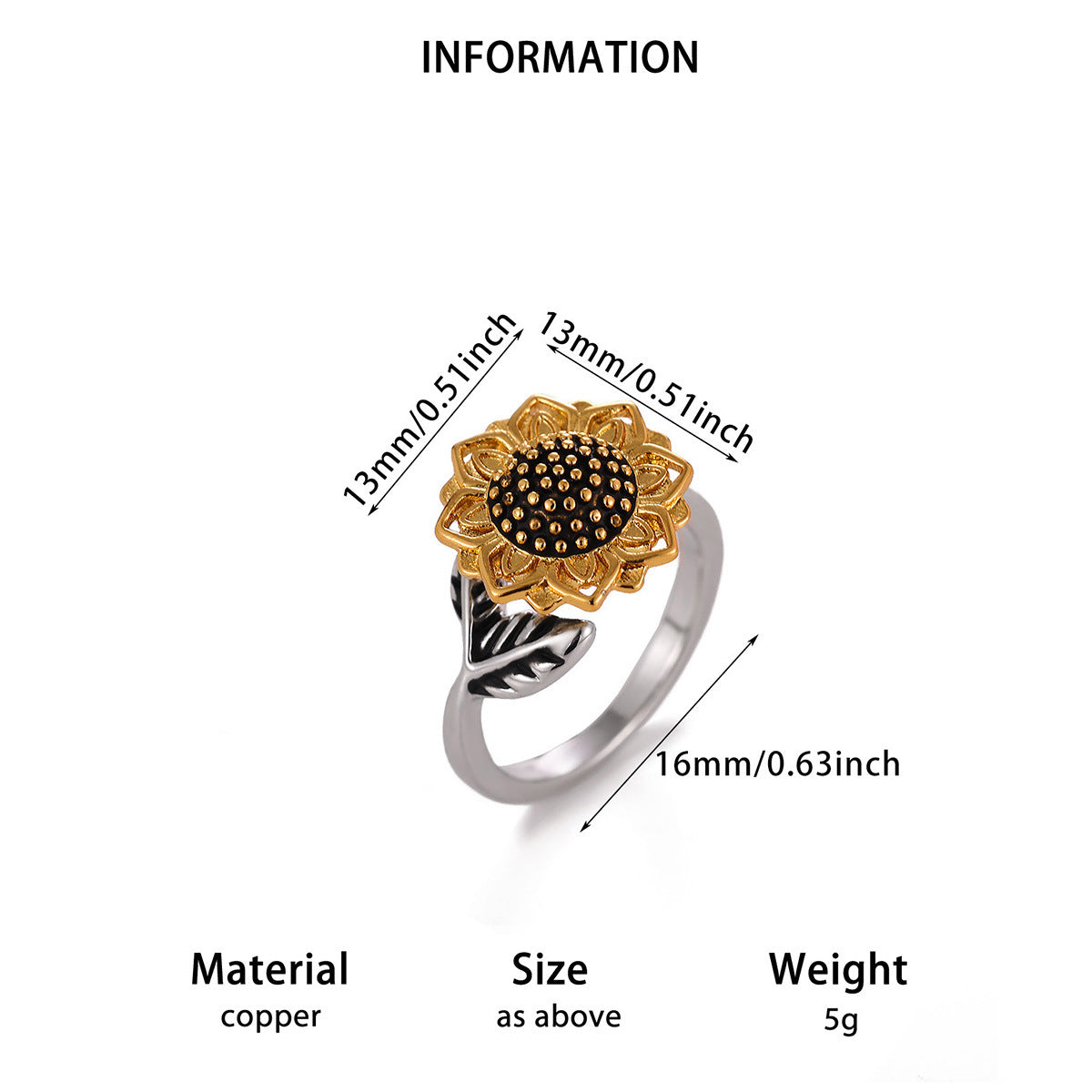 Wholesale simple rotatable sunflower decompression Open Ring