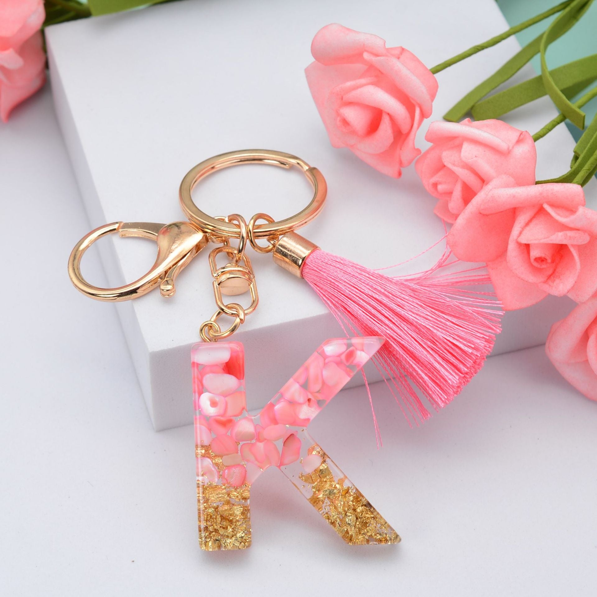 Wholesale Pink Tassel 26 Letter Crystal Resin Keychain