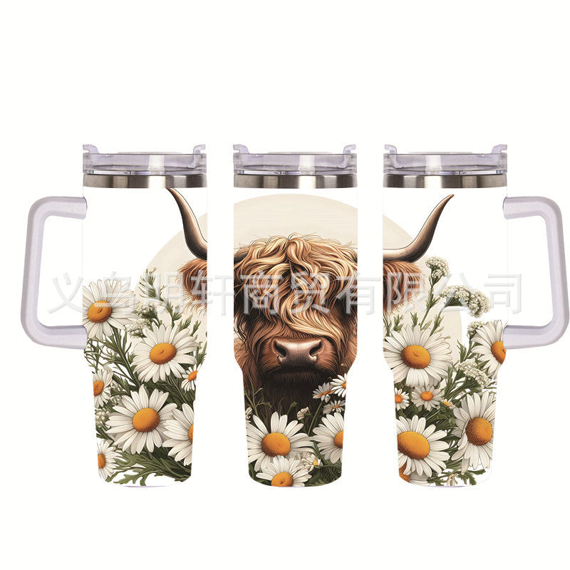 Wholesale Tumbler 40OZ Bull Head 3D Sunflower Car Cup Stainless Steel Straw Tumbler Ice Cup