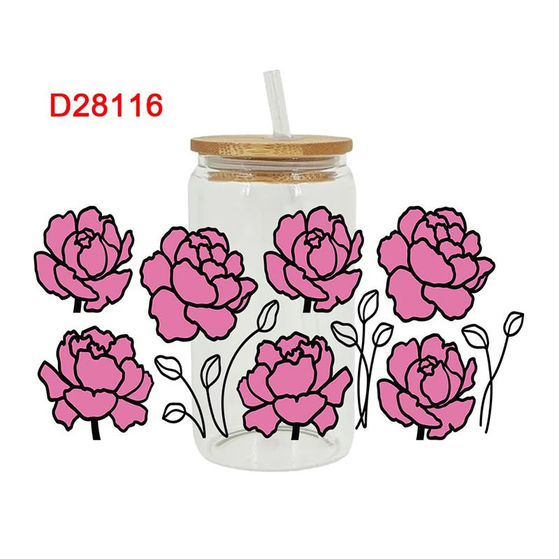 Wholesale Pink and red flowers 16oz Cup UV DTF Wraps