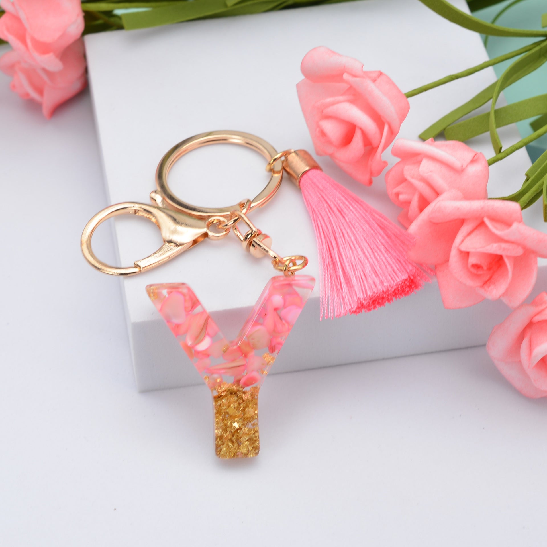 Wholesale Pink Tassel 26 Letter Crystal Resin Keychain