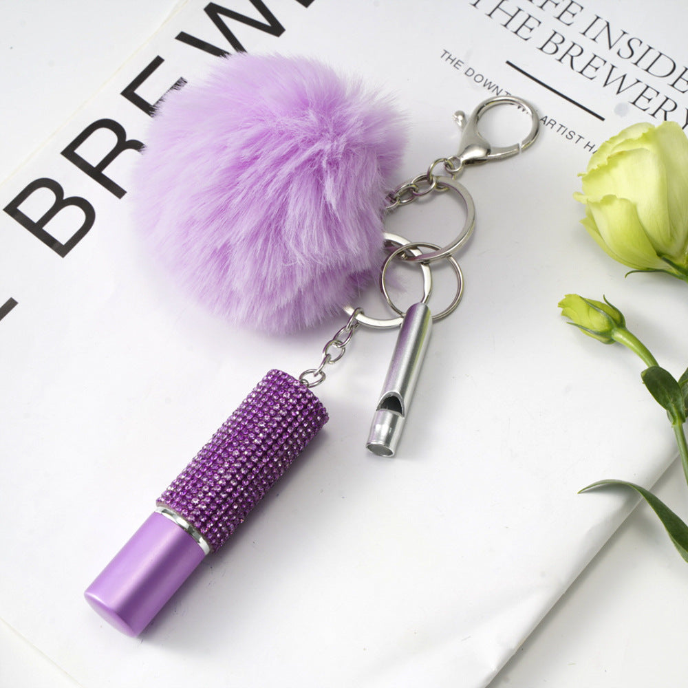 Wholesale Fur Ball Rhinestone Perfume Bottle Whistle Combination Keychain