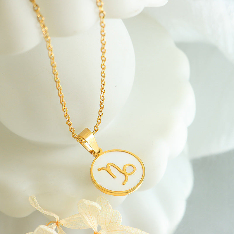 Wholesale Inlaid White Seashell Zodiac Pendant Plated 18K Real Gold Necklaces