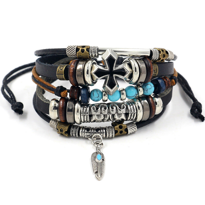 Wholesale Fashion Multi-layer Alloy Beaded Turquoise Braided Bracelet