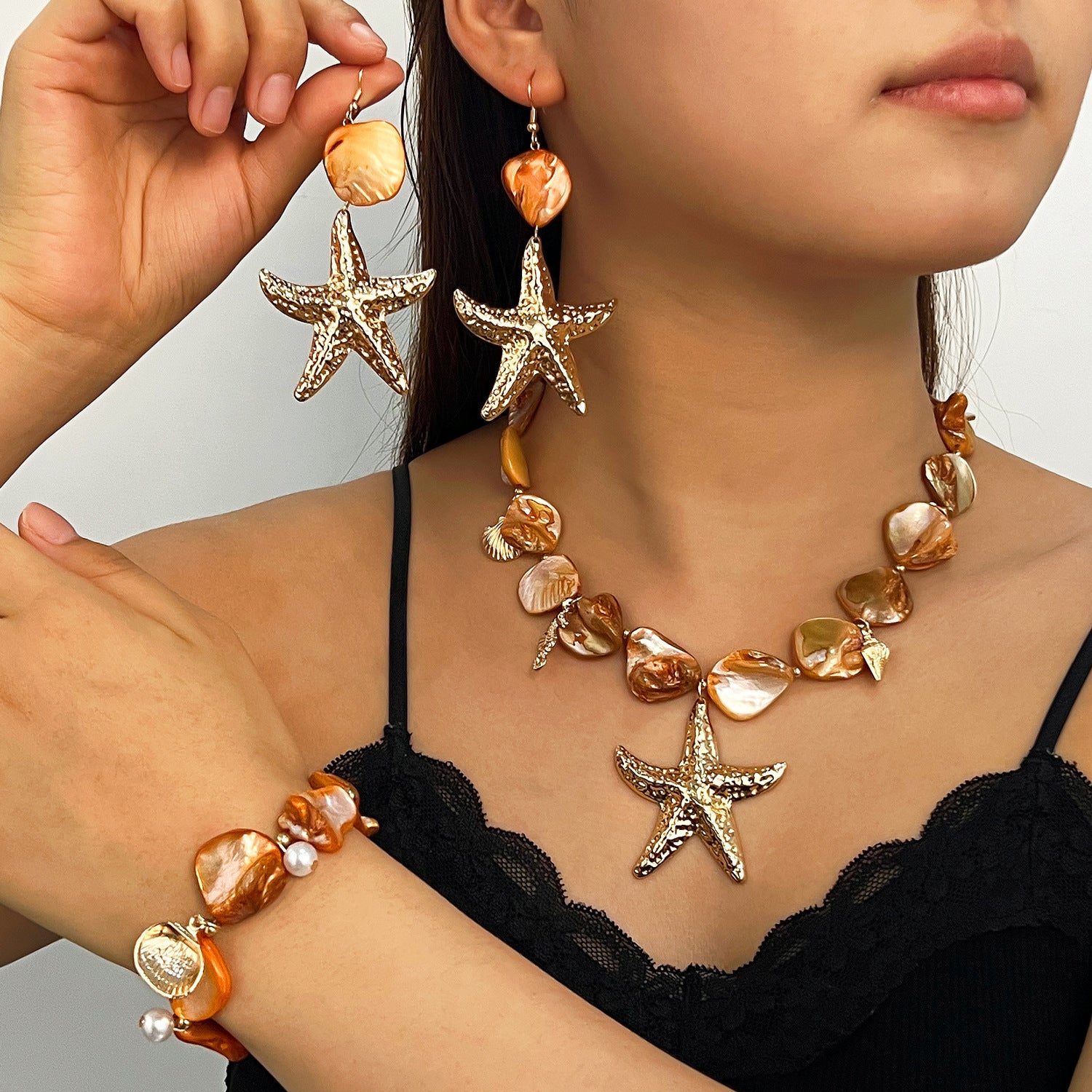 Wholesale Shell Starfish Jewelry Set Irregular Gold Tone Necklace Bracelet Earrings Women S Vacation Beach Chic Accessory