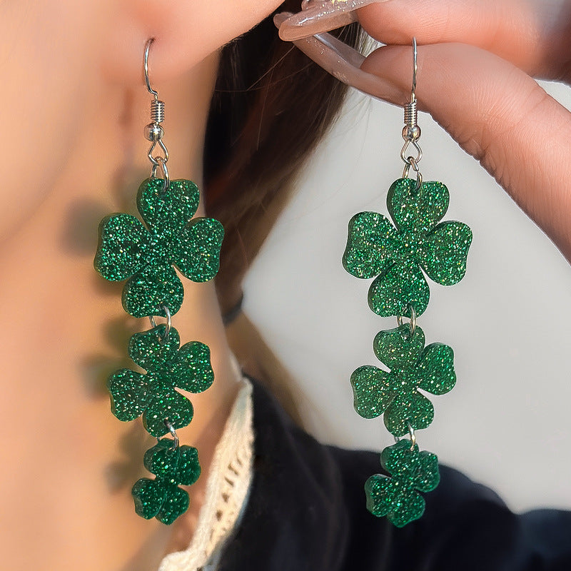 Wholesale St. Patrick's Day Carnival Green Four-leaf Clover Diamond Earrings