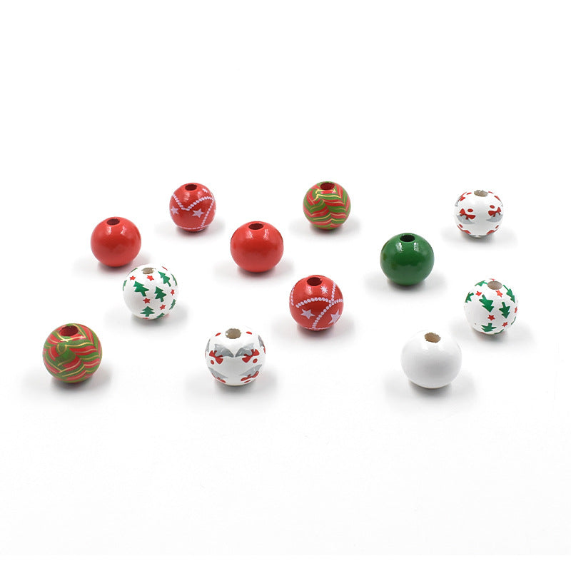 Wholesale 10PCS Christmas Wooden Beads New Year Bell Printed Wooden Beads